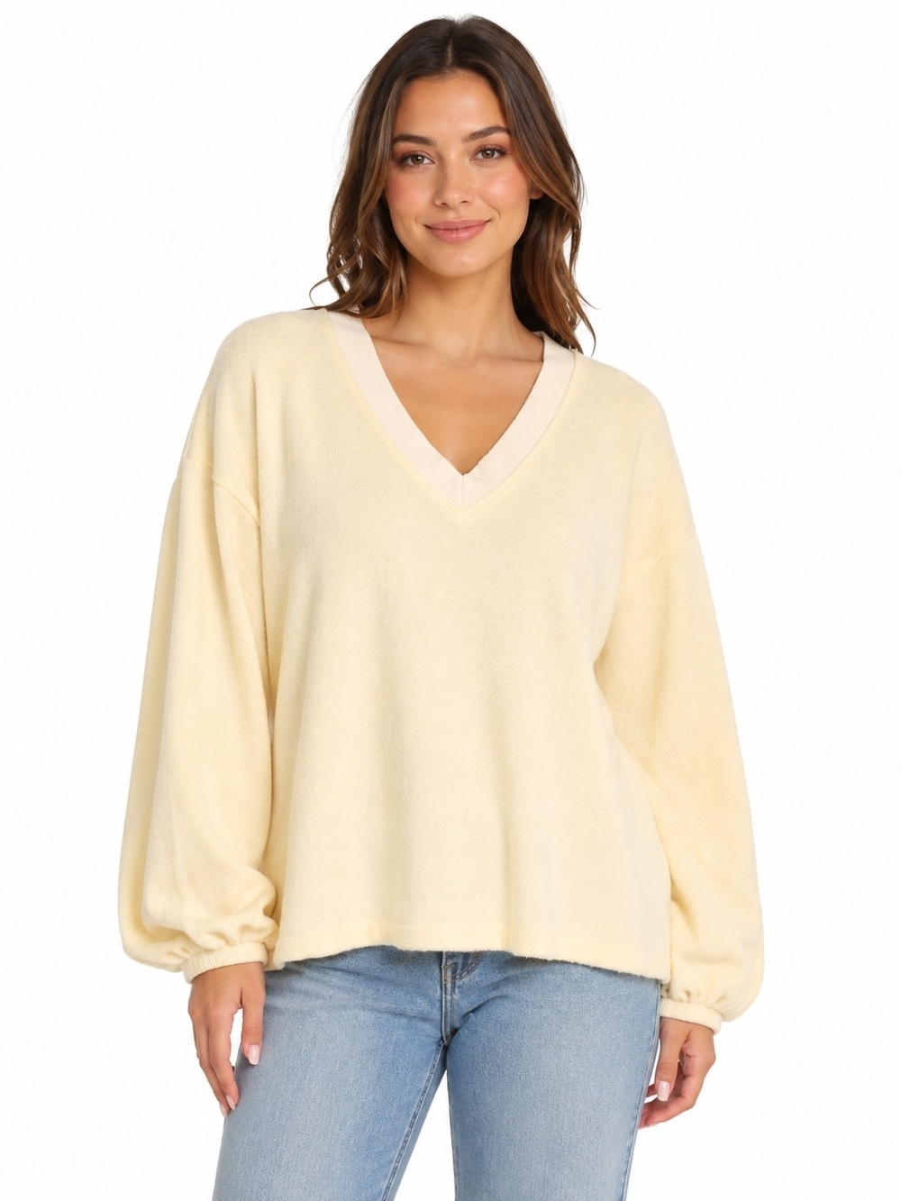 Papermoon Pale Yellow V-Neck Balloon Sleeve Sweater Wonen's Size S Boho - Picture 1 of 7